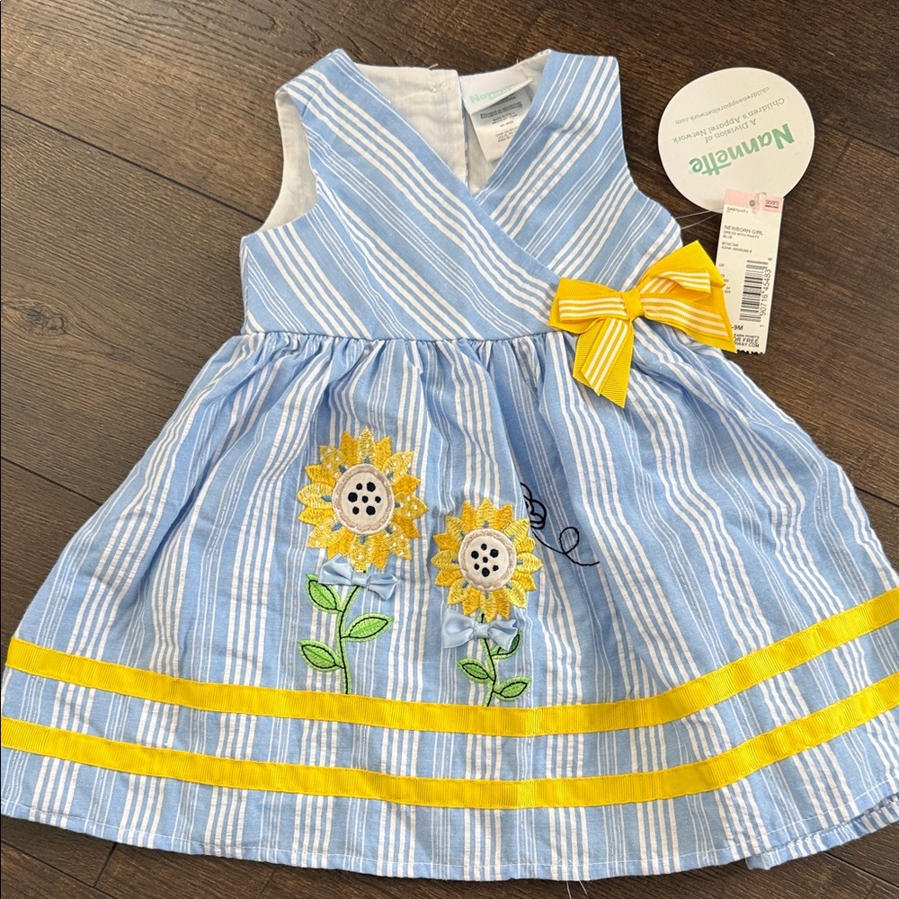 Nannette Blue & Yellow Sunflower Embroidered Baby Dress w/bow - NWT